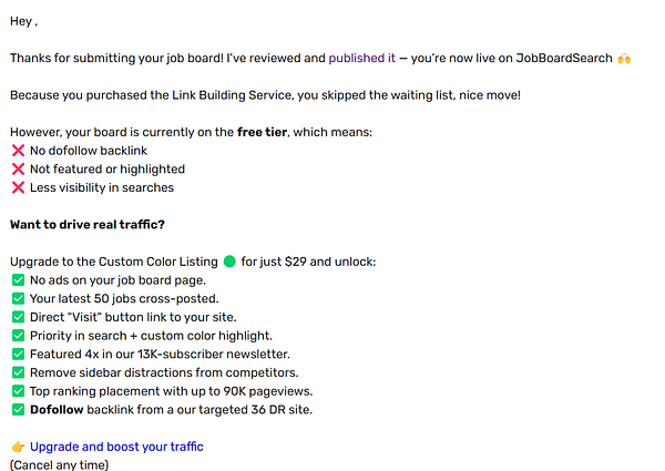 The image displays a welcome email detailing the features of a job board service and an upgrade offer.