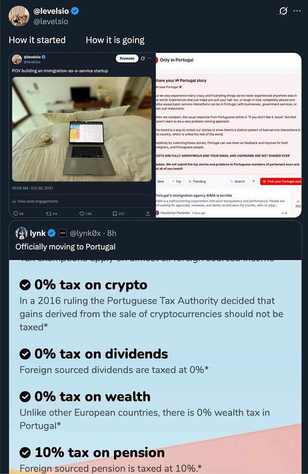 A tweet comparing the beginnings of a startup to its current status, featuring tax benefits in Portugal.