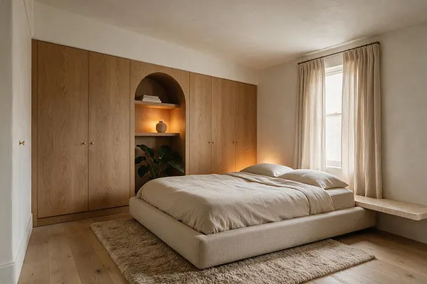 A serene organic modern bedroom with a low upholstered bed in soft beige bedding, set in front of full-height oak wardrobes. The center wardrobe section features an arched niche with open shelves, warm accent lighting, books, a vase, and a plant. Sheer curtains filter daylight beside a simple stone bench and textured rug.
