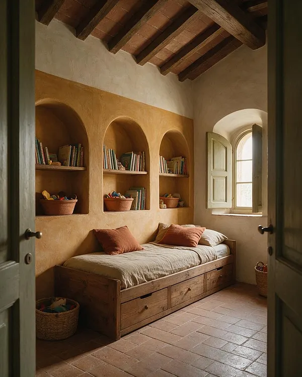 A cozy kids' room with a rustic Mediterranean feel, featuring terracotta floor tiles, plaster walls, exposed wooden ceiling beams, and built-in arched wall niches filled with books and toys. A wooden daybed with storage drawers sits beneath the shelves near a small arched window with pale shutters.