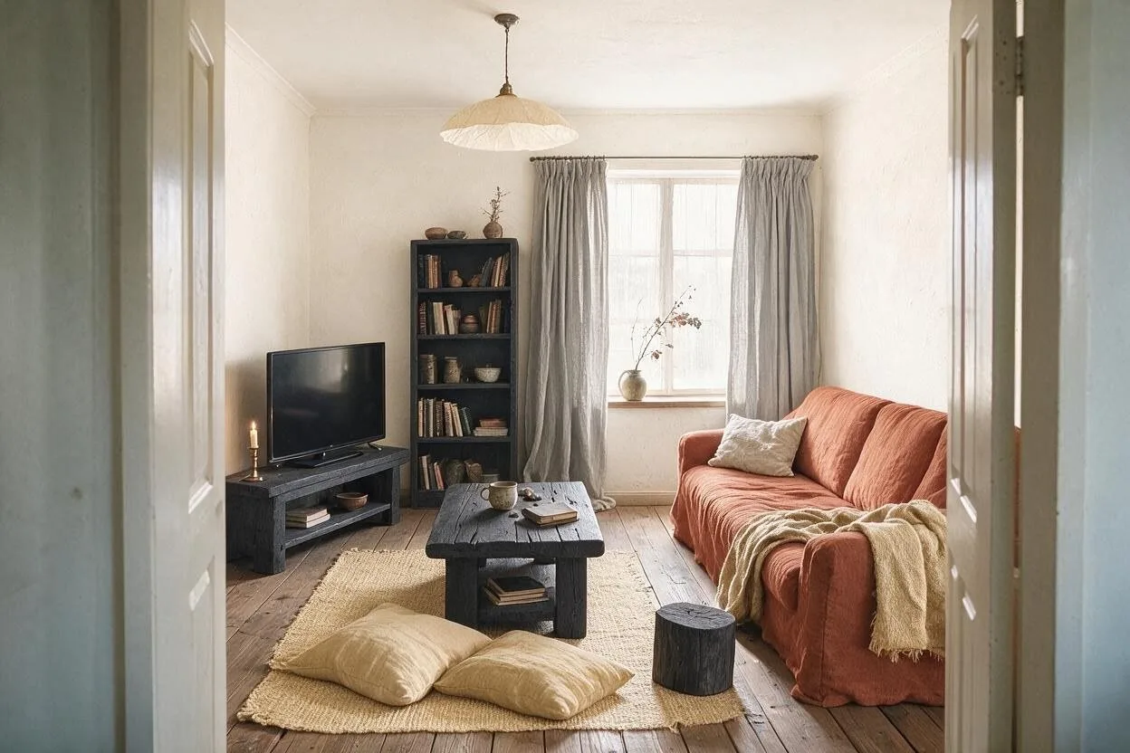 The same Wabi-Sabi living room in the Rust and Paper palette: paper white, rust, charcoal, straw, and ash