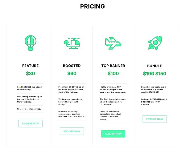 The image displays a pricing table for various advertising packages on a website.