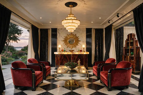 A glamorous outdoor lounge space styled like an Art Deco room, with deep red velvet armchairs, black-and-white geometric flooring, and dramatic black drapery framing open views to the garden. The space features a marble-look fireplace wall, a gold sunburst mirror, tiered chandelier lighting, and polished gold and glass accents.