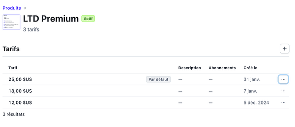 A pricing table for the LTD Premium product with three different subscription rates.