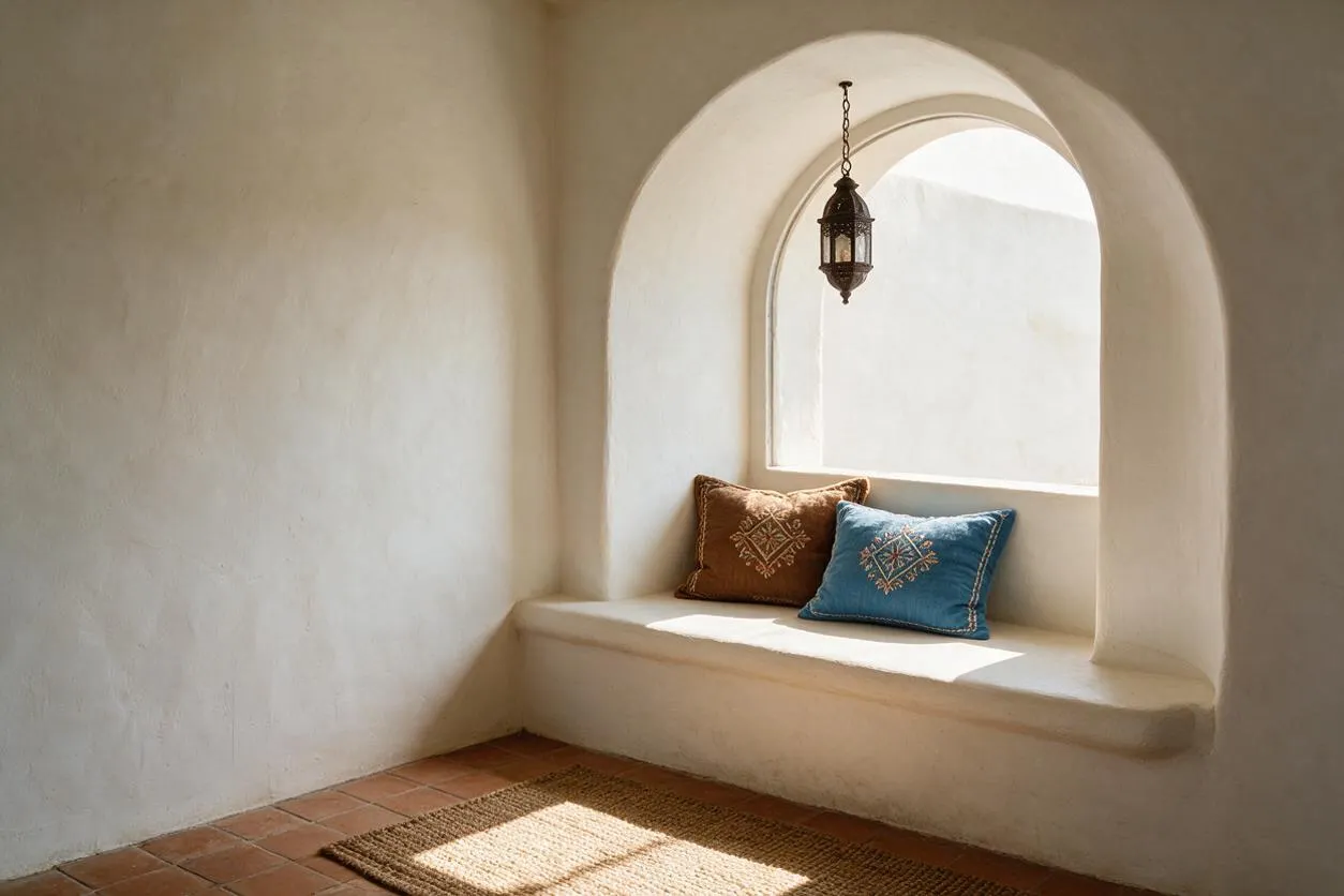 A small Mediterranean-style alcove with smooth white plaster walls, a rounded arched window niche, and a built-in bench topped with two embroidered throw pillows in brown and blue. Terracotta floor tiles and a woven rug add warmth, while a hanging lantern brings a rustic, traditional touch.