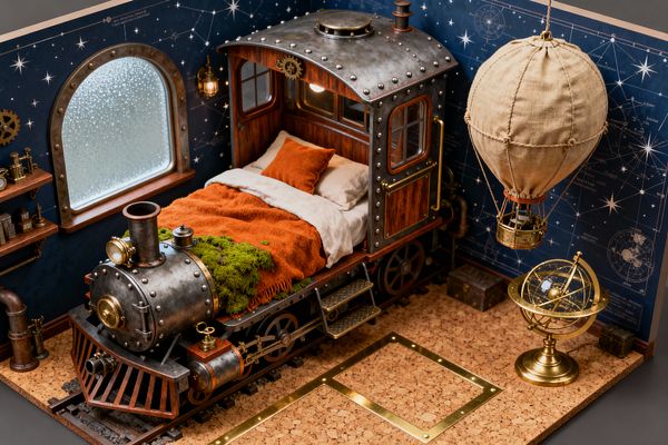 A children's bedroom styled in steampunk features a bed built like a riveted locomotive with brass fittings, dark stained wood, and a small front lamp, set on mini rails. Deep navy constellation wallpaper, a frosted porthole window, caged wall lights, a hanging canvas hot-air balloon, an armillary sphere, and a cork floor with brass inlays complete the scene, with white bedding, burnt-orange throw, and moss-green accent adding warmth.