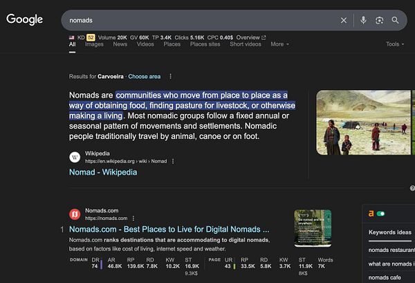 The image displays a Google search results page for the term 'nomads'.