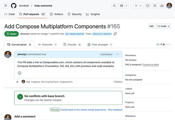A GitHub pull request interface showing a request to merge a commit related to Kotlin Multiplatform components.