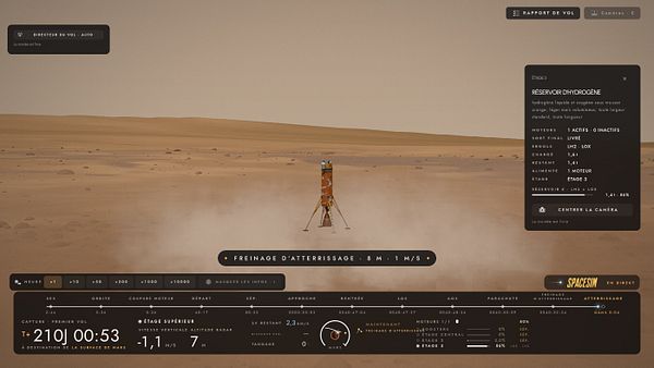 Mars lander descending with a detailed interface showing flight data and system status in French.