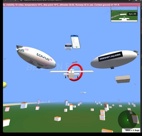 A virtual simulation scene featuring a small aircraft flying through a ring amidst various floating objects.
