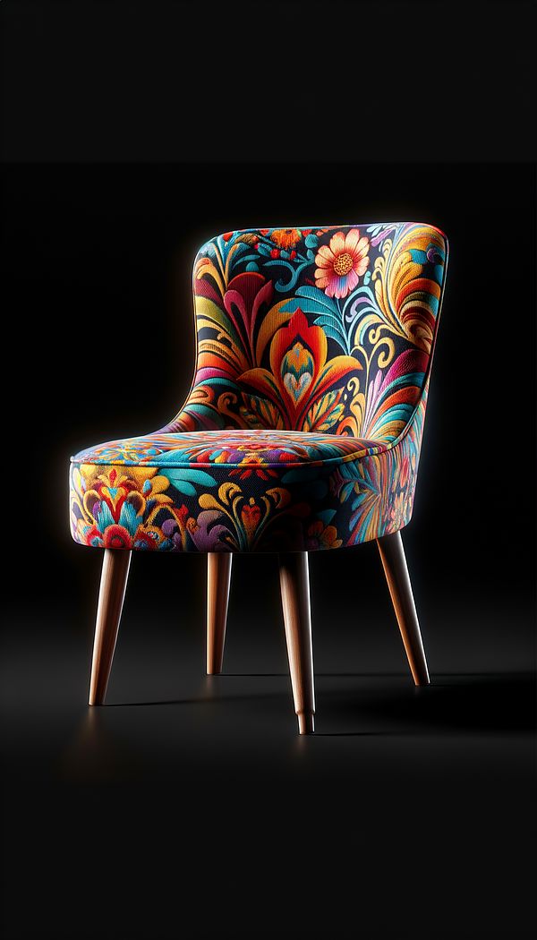 An elegantly designed chair with a drop-in seat that features a vibrant fabric pattern.