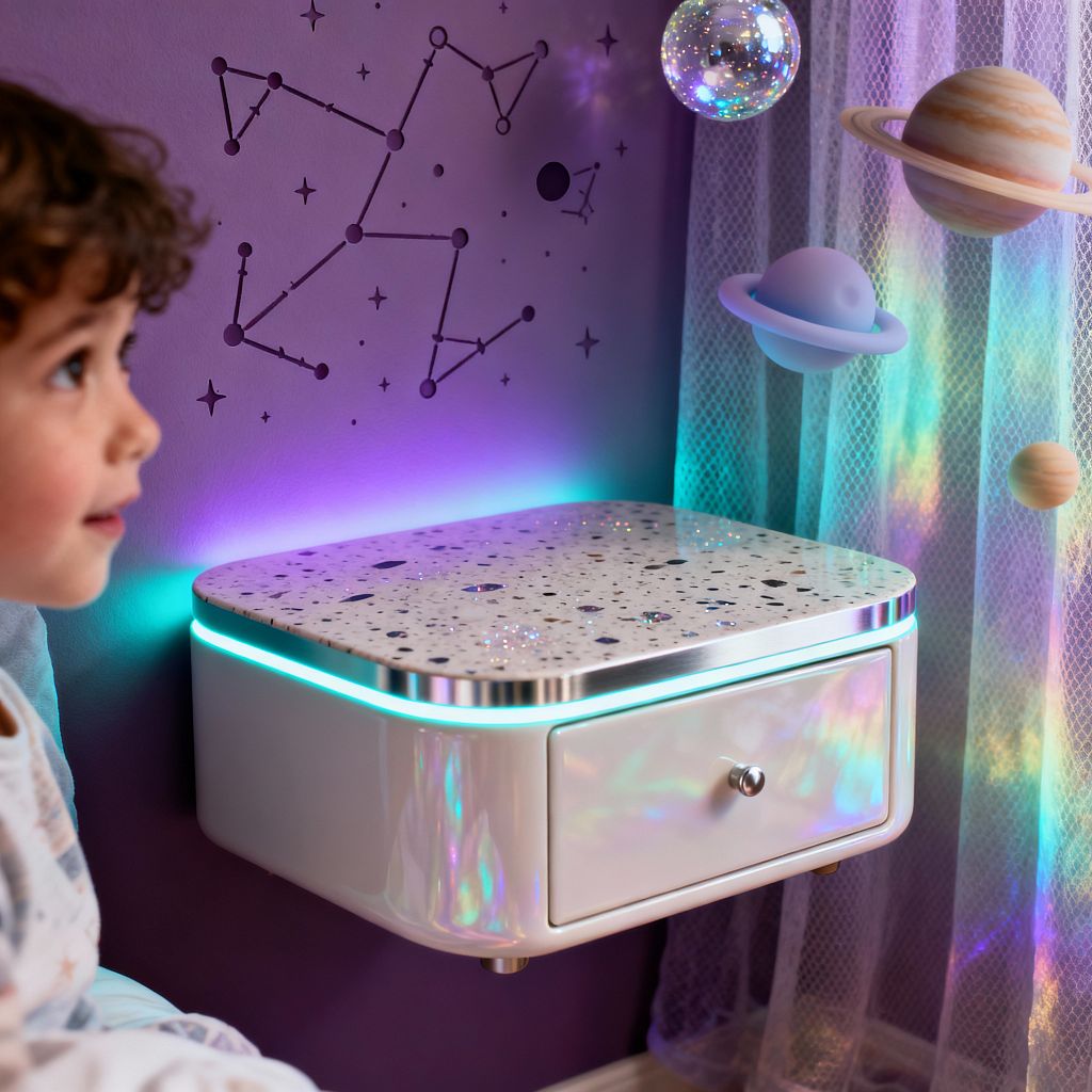 A lavender children’s room features a wall-mounted, glossy white nightstand with rounded corners, a speckled terrazzo top, and a chrome edge lit by a cyan LED strip. Constellation decals cover the wall, a sheer tulle curtain catches iridescent light, and a hanging mobile with pastel planets and a glittering glass orb floats nearby as a child looks on, creating a playful, space-themed scene.