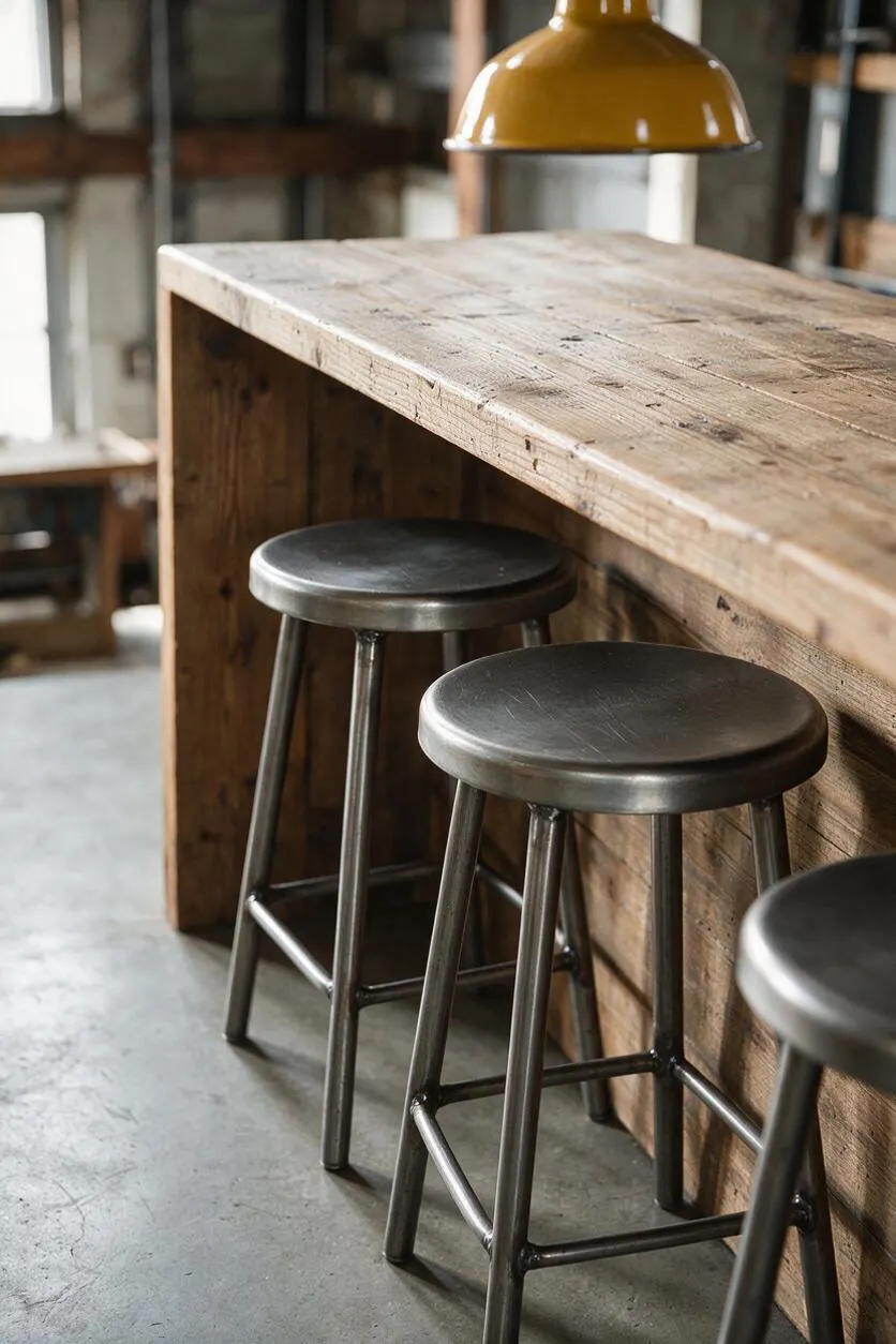 An industrial-style bar scene with a thick reclaimed wood counter, dark metal stools, and a yellow pendant light above. The setting features raw materials, a concrete floor, and soft natural light that highlights the texture of the wood.
