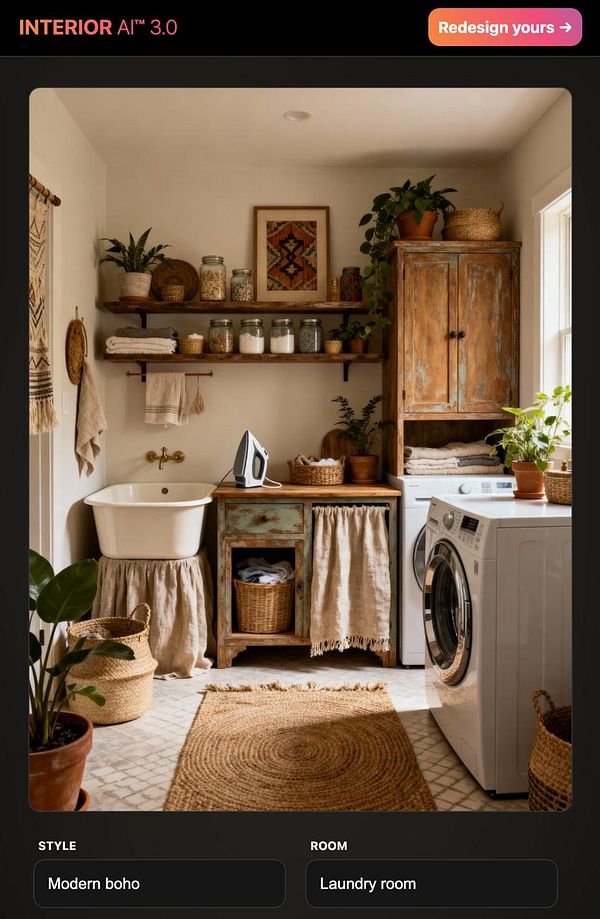 A cozy laundry room featuring modern boho decor with natural elements.