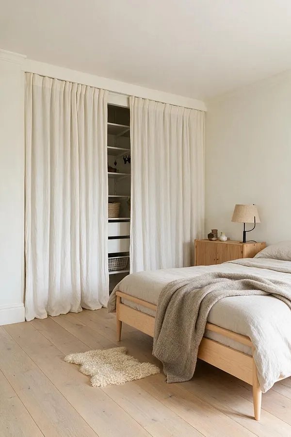 A serene Scandinavian-style closet area hidden behind full-length cream linen curtains in a bright bedroom. Light wood flooring, a pale wood bed frame, and a small oak nightstand with a simple lamp create a calm, minimalist look.