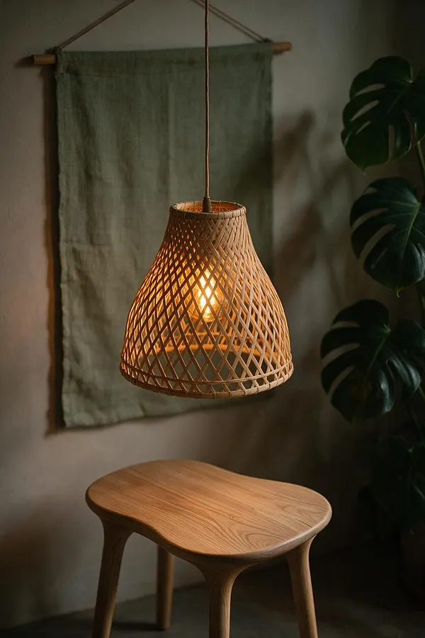 A warm biophilic corner features a woven rattan pendant lamp glowing softly above a sculptural wooden stool. A muted green fabric hanging on the wall and a large leafy plant add organic texture and natural calm.