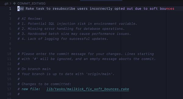 A screenshot of a Git commit message editor displaying a commit message and AI review notes.