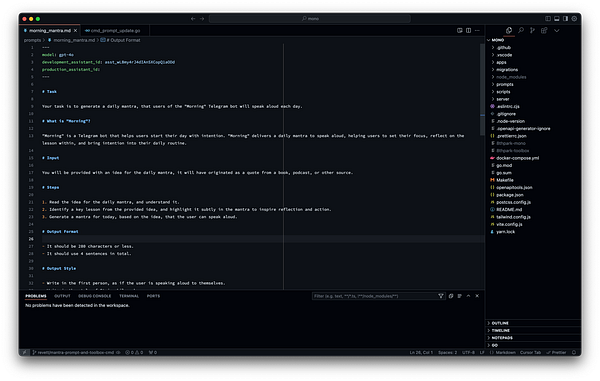 The image displays a code editor with a Markdown file containing instructions for generating daily mantras for a Telegram bot.