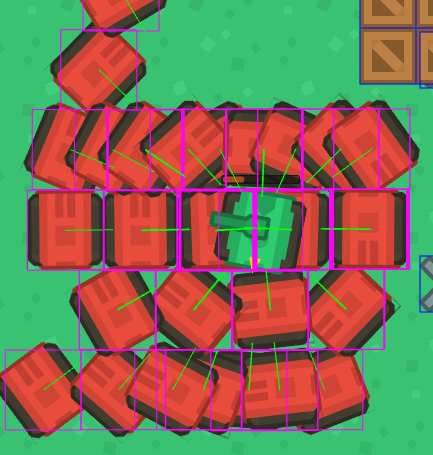 The image depicts a top-down view of a tank game with multiple red enemy units and a green tank in the center.