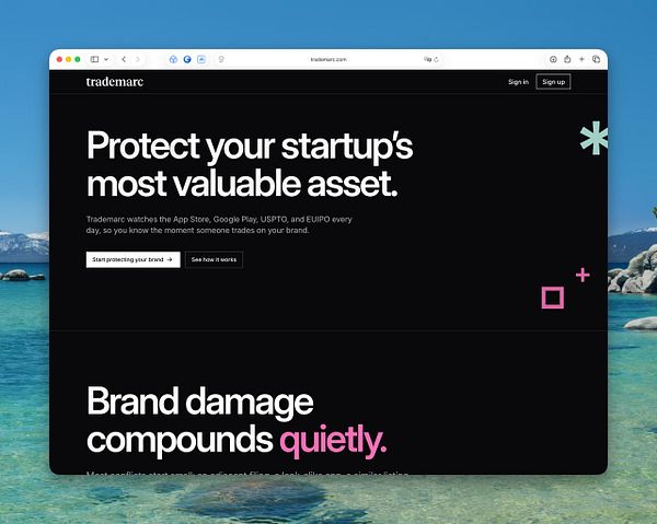 A modern landing page design for Trademark Corp with a dark-themed header and vibrant interactive elements.