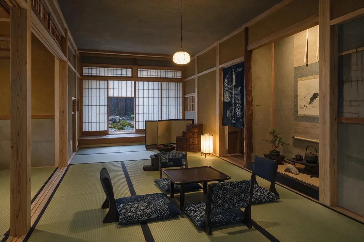 A tranquil Japanese Zen-style front porch or entry room with tatami mat flooring, shoji sliding screens, and warm wood framing. Low floor seating cushions surround a small dark wooden table, while soft lantern lighting and a hanging pendant create a calm, meditative atmosphere.