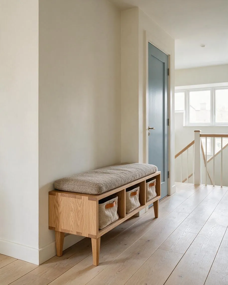 A bright Scandinavian-style entryway with a light wood bench placed against a pale wall. The bench has a cushioned taupe seat and cubby storage filled with fabric bins, with a muted blue door, white railing, and pale wood flooring nearby.