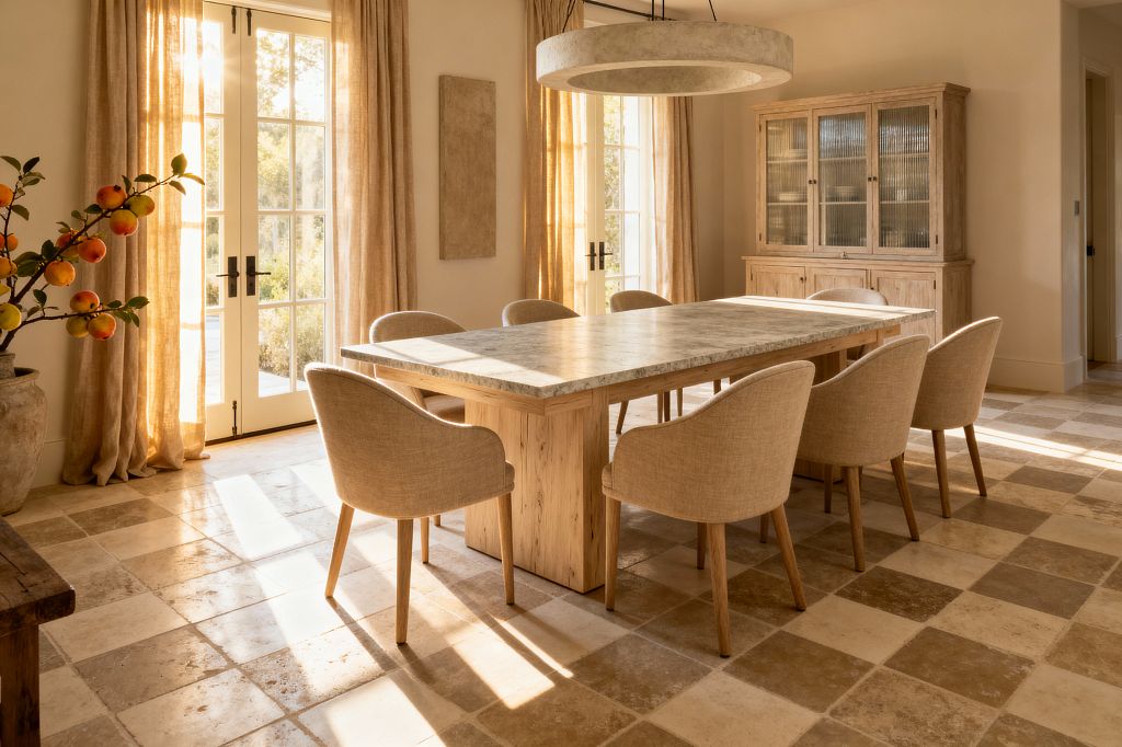 Warm, sunlit dining room with a rectangular stone-topped oak table and eight beige upholstered chairs on a taupe-and-ivory checkerboard travertine floor. Sheer linen curtains frame tall French doors with black hardware, and a large circular plaster pendant hangs above. A light oak hutch with ribbed glass doors lines the back wall, while a rustic urn with fruit branches accents the corner, creating a soft, transitional look in natural neutrals.
