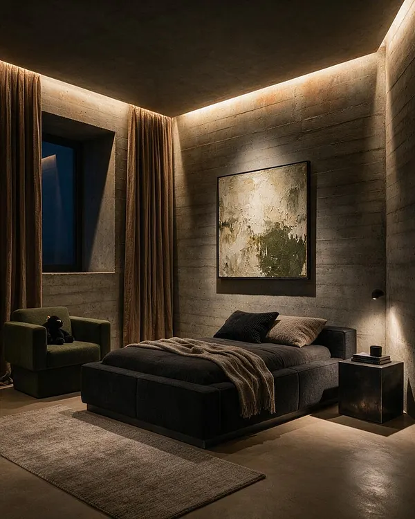 A moody kids' room with raw concrete walls and ceiling, warm cove lighting, and floor-length brown curtains around a dark window. A low black bed with layered neutral bedding sits beside a small black side table, while a deep green armchair with a teddy bear adds a child-friendly touch.