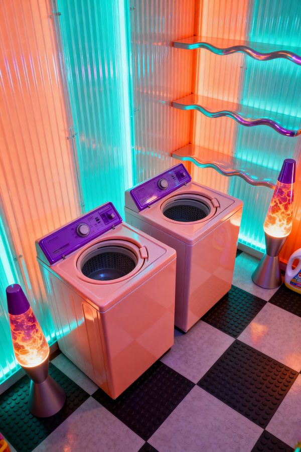 A neon-lit laundry room features two white top-loading washers with purple control panels, positioned side by side and flanked by lava lamps. Corrugated translucent wall panels glow in alternating teal and orange, wavy chrome shelves line the right wall, and a black-and-white checkerboard floor with textured black rubber squares leads to a corner with a detergent bottle, creating a retro psychedelic atmosphere.