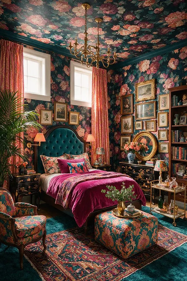 A dramatic basement bedroom filled with layered floral wallpaper and a matching floral ceiling, centered around a teal tufted bed with pink velvet bedding. The room includes gold lighting, framed artwork, a patterned rug, upholstered seating, bookshelves, and abundant decorative accents in rich jewel tones.