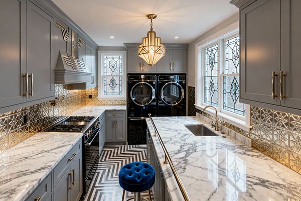 Long galley laundry room with gray shaker cabinets, white marble counters, and a gold pressed-tin backsplash. A black front-load washer and dryer are built into the far wall below cabinets. An Art Deco brass and frosted-glass chandelier hangs centrally, with recessed lights and under-cabinet lighting. Leaded-glass windows line the right side above a brass faucet and sink. The floor features a bold chevron tile, and a tufted cobalt velvet stool sits by a brass gallery rail.
