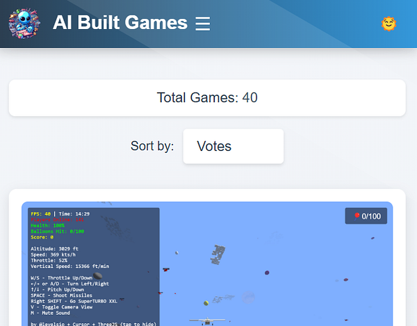 The image displays a user interface for a game platform titled 'AI Built Games' with game statistics and controls.