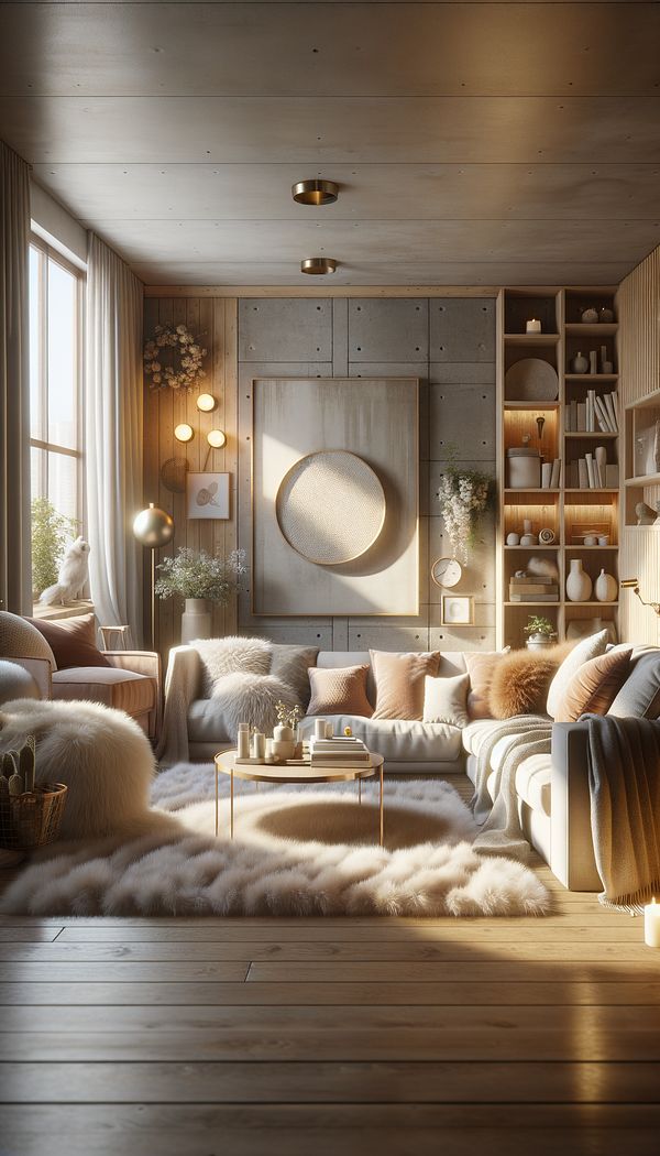 an inviting living room embodying the principles of hygge, featuring soft lighting, comfortable seating, and warm textiles
