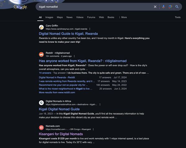A Google search results page displaying information about Kigali, Rwanda, related to digital nomadism.