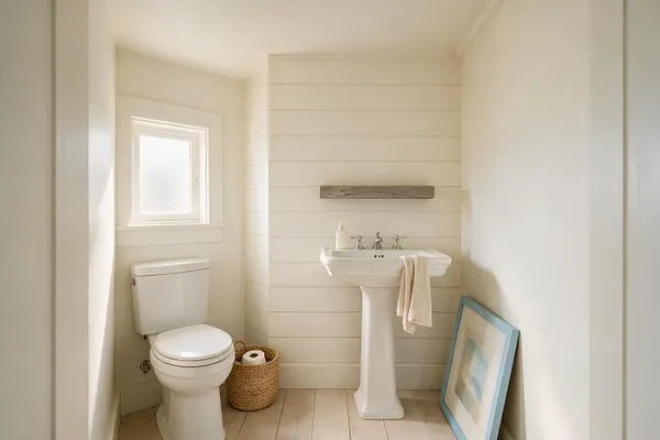 A small coastal powder room with white shiplap walls, a pedestal sink, and a compact toilet beneath a frosted window. Natural textures include a woven basket and pale wood flooring, while a leaning framed print and simple wall shelf add a relaxed, airy feel.