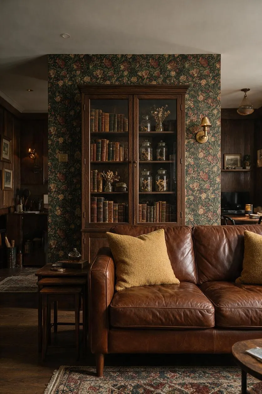 A moody living room with a brown leather sofa, mustard throw pillows, and a tall wooden cabinet filled with old books and glass jars. Floral wallpaper, brass wall sconces, and dark wood finishes create a warm dark academia atmosphere.
