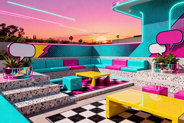 A Pop Art–style outdoor patio at sunset features tiered terrazzo seating platforms with built-in turquoise and fuchsia vinyl cushions. Lemon-yellow lacquer coffee tables, glossy cube stools, and black-and-white and magenta checker rugs anchor a sunken lounge, while chrome planters with greenery, comic speech-bubble graphics, halftone dot walls, and cyan and pink LED strip lighting create a vibrant, neon-lit social space.