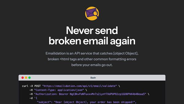 The image promotes an API service for email validation and includes a code snippet demonstrating its usage.