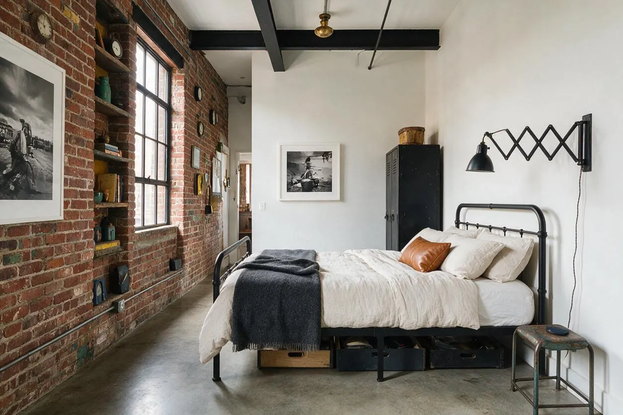 An industrial-style guest bedroom with a black metal bed frame, white bedding, and a leather accent pillow. Exposed brick walls line one side of the room, paired with large black-framed windows, concrete flooring, and a white wall with minimal black accents.