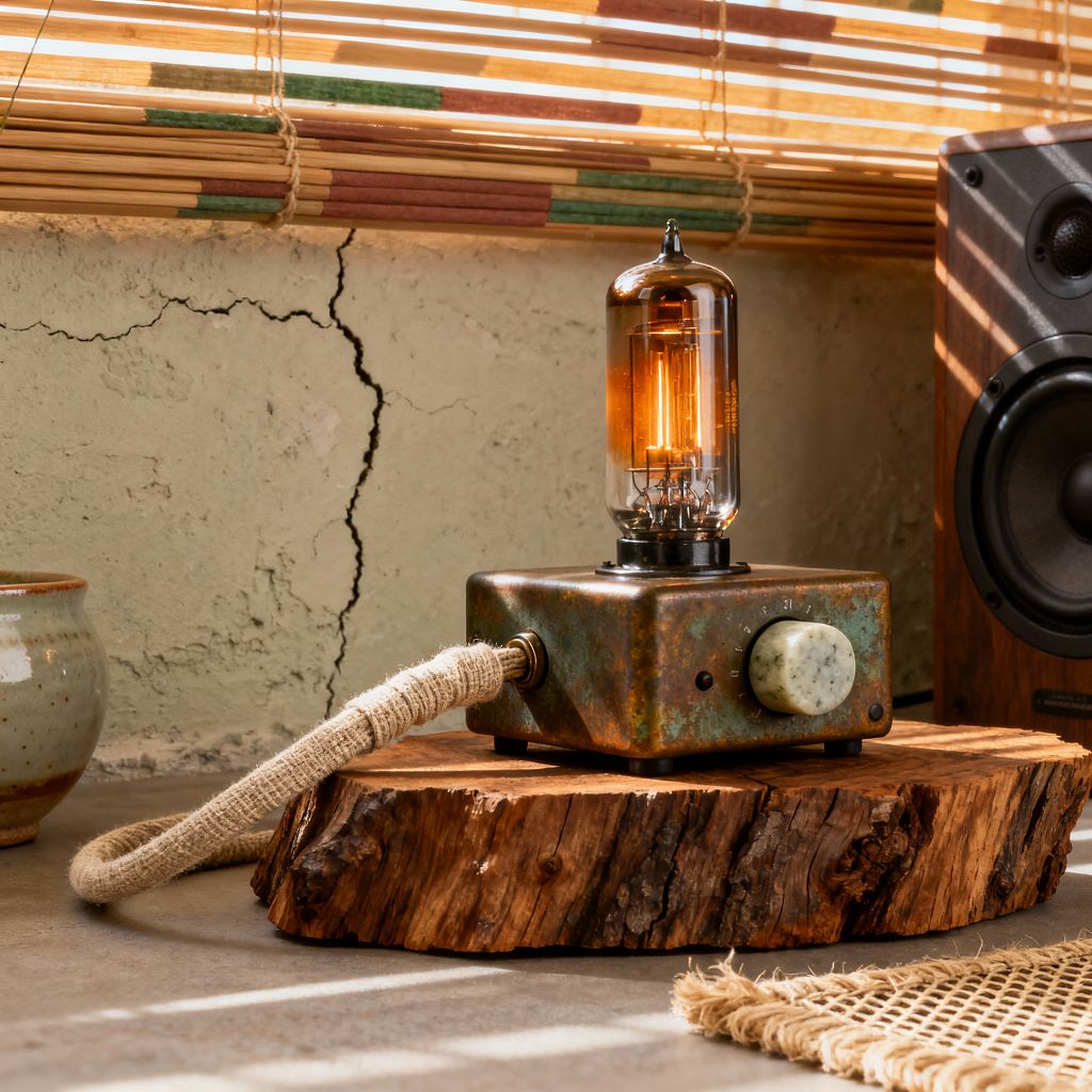 Close-up of a Wabi-Sabi media room vignette with a glowing vacuum tube amplifier in a patinated metal housing and a stone knob, set on a thick live-edge wood slab on a concrete surface. A fabric-wrapped cord trails beside a small ceramic vessel. Behind, a textured plaster wall with visible cracks sits below bamboo blinds, while a walnut speaker appears at the right. Warm sunlight casts soft shadows across the scene.