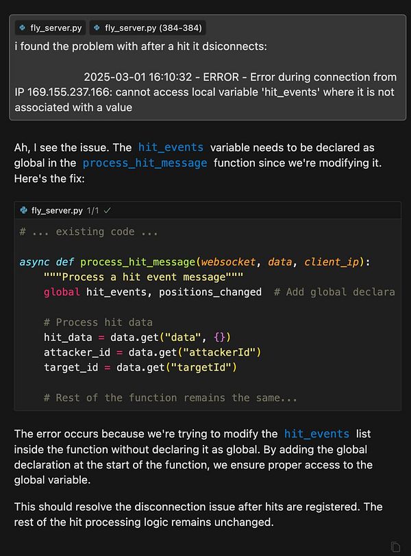 A code snippet addressing a bug in a Python script related to disconnection after a hit event.