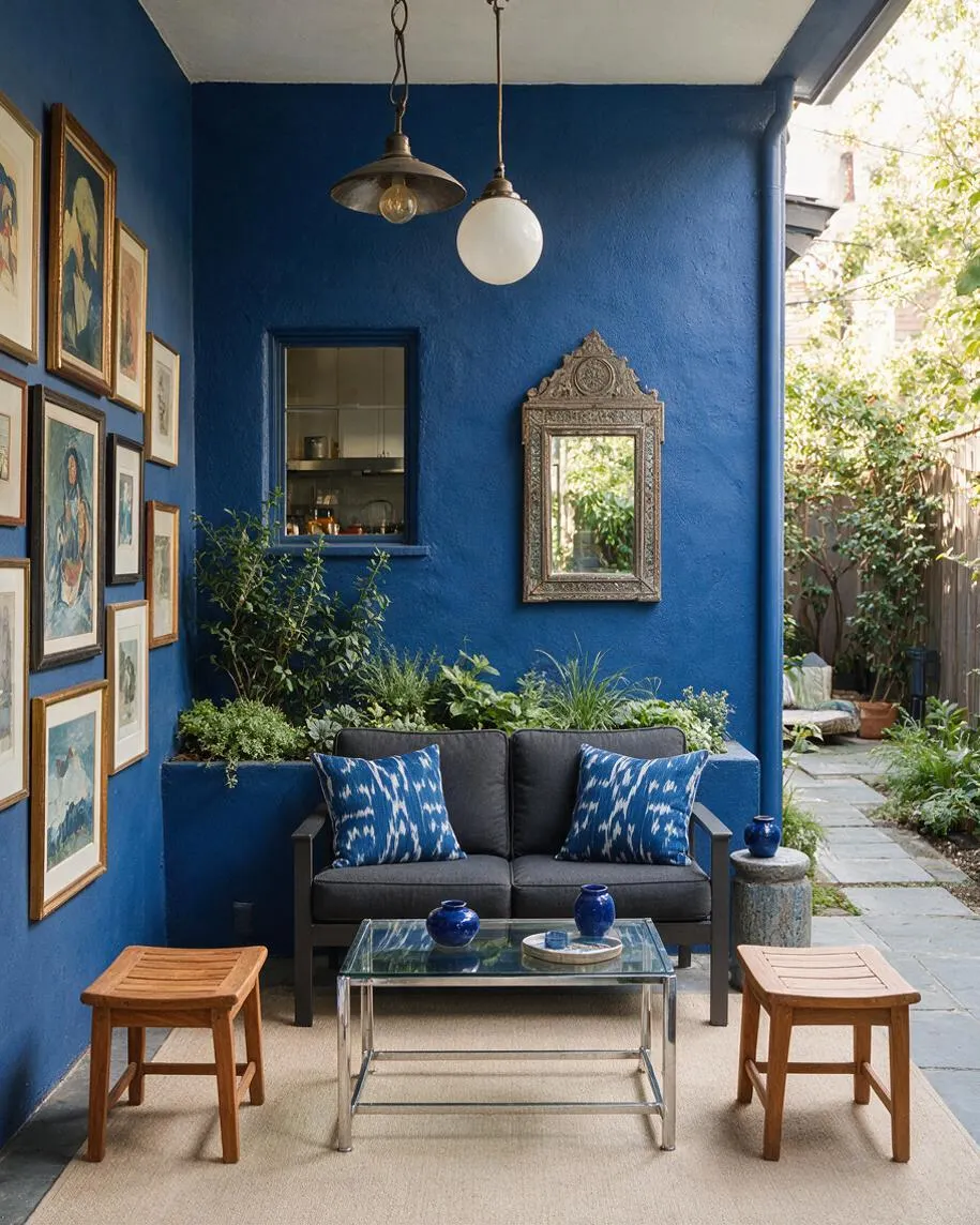 A small eclectic backyard courtyard with vivid cobalt-blue walls, a dark cushioned loveseat, and framed art arranged gallery-style on one wall. A glass coffee table, wooden stools, hanging pendant lights, an ornate mirror, and lush potted greenery create a layered, collected look.