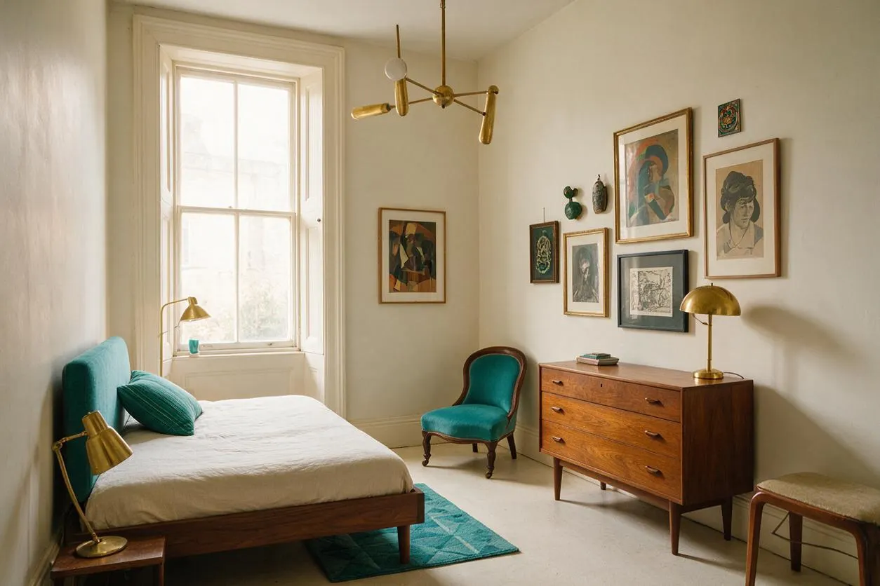 A bright eclectic bedroom with a teal upholstered bed, white bedding, and a matching teal rug. The room includes a wooden dresser, brass lamps, a teal accent chair, and a gallery wall of framed artwork on cream walls near a tall window.
