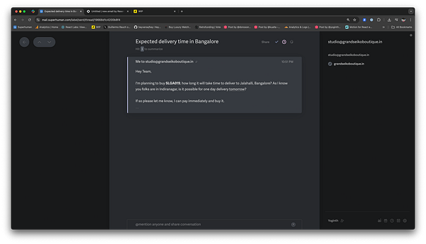 A screenshot of an email interface discussing the delivery time for a watch.