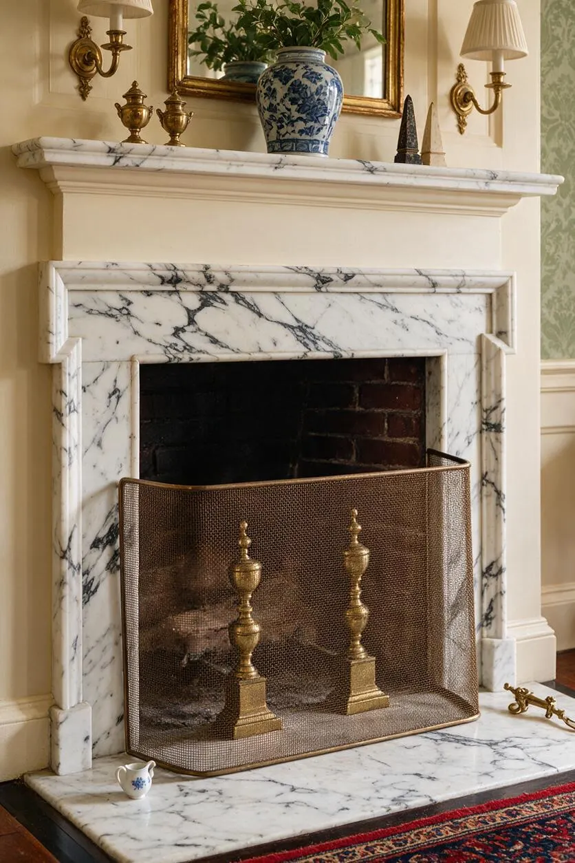 A traditional fireplace with a white marble surround and mantel veined in gray, set against warm cream walls. Brass wall sconces, a gold-framed mirror, and a brass mesh fire screen with finials create a formal, elegant look.