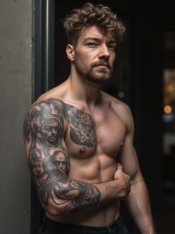 A muscular man with an intricate tattoo on his arm poses in a dimly lit setting.