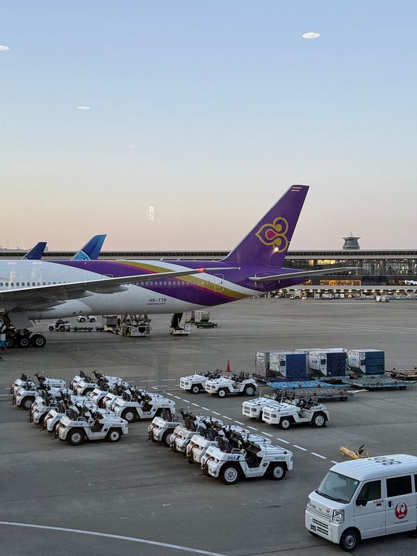 An airport scene featuring a Thai Airways aircraft and ground service vehicles.