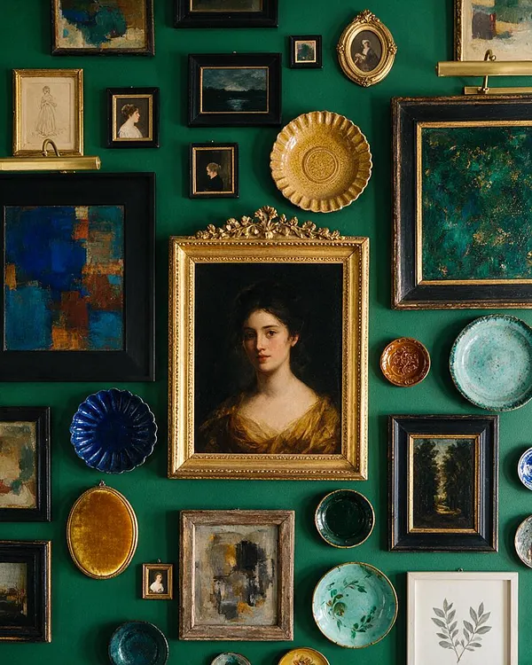 A richly layered gallery wall on deep emerald green paint features an eclectic mix of framed portraits, abstract paintings, and decorative plates. Gold frames and brass picture lights contrast with dark wood and black frames, creating a bold maximalist display.