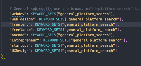 A code snippet displaying a list of subreddits associated with various topics for a Telegram bot.