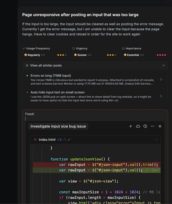 The image displays a task interface detailing a bug related to input size limits in a web application.